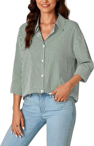 LYANER Women's Button Down Shirts Striped Classic Long Sleeve Collared V Neck Office Work Blouses Tops in Kuwait