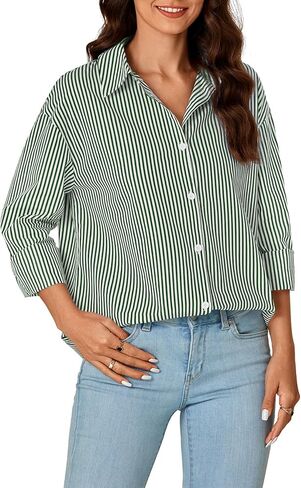 LYANER Women's Button Down Shirts Striped Classic Long Sleeve Collared V Neck Office Work Blouses Tops in Kuwait