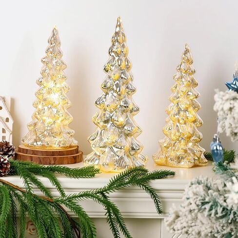 Gold Mercury Glass Christmas Tree Set of 3, Light up Christmas Trees for Holiday Tabletop Centerpiece Mantel Decor in Kuwait
