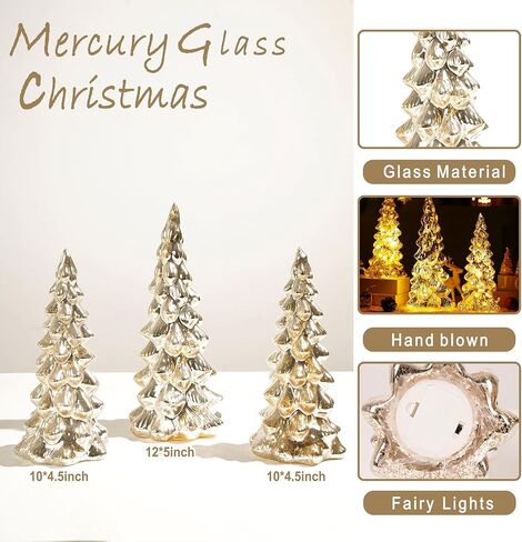 Gold Mercury Glass Christmas Tree Set of 3, Light up Christmas Trees for Holiday Tabletop Centerpiece Mantel Decor in Kuwait