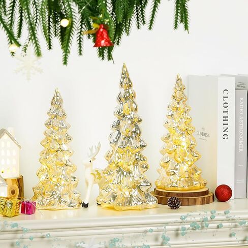 Gold Mercury Glass Christmas Tree Set of 3, Light up Christmas Trees for Holiday Tabletop Centerpiece Mantel Decor in Kuwait