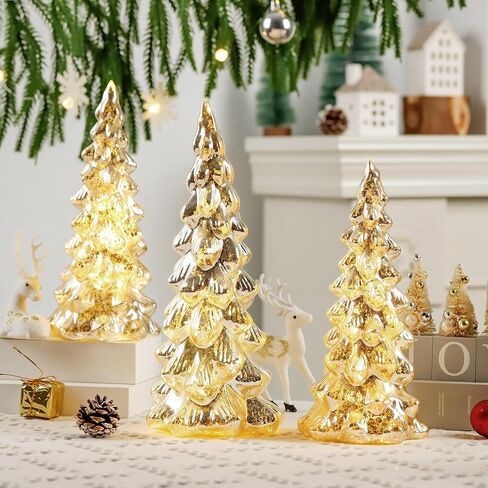 Gold Mercury Glass Christmas Tree Set of 3, Light up Christmas Trees for Holiday Tabletop Centerpiece Mantel Decor in Kuwait