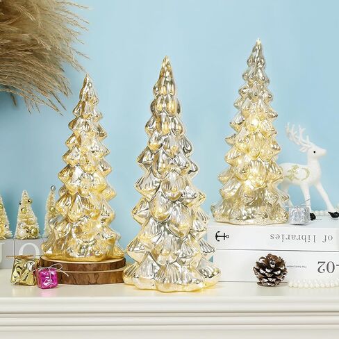 Gold Mercury Glass Christmas Tree Set of 3, Light up Christmas Trees for Holiday Tabletop Centerpiece Mantel Decor in Kuwait