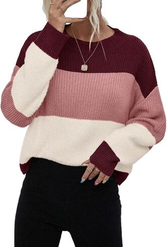 Womens Pullover Long Sleeve Crew Neck Colorblock Drop Shoulder Fall Sweater Tops Knit Winter Outfit in Saudi Arabia