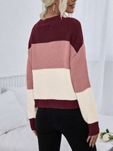 Womens Pullover Long Sleeve Crew Neck Colorblock Drop Shoulder Fall Sweater Tops Knit Winter Outfit in Saudi Arabia
