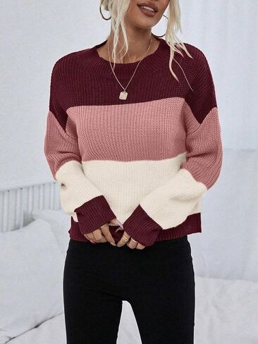 Womens Pullover Long Sleeve Crew Neck Colorblock Drop Shoulder Fall Sweater Tops Knit Winter Outfit in Saudi Arabia