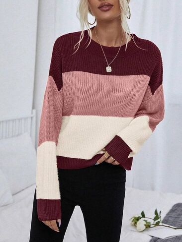 Womens Pullover Long Sleeve Crew Neck Colorblock Drop Shoulder Fall Sweater Tops Knit Winter Outfit in Saudi Arabia