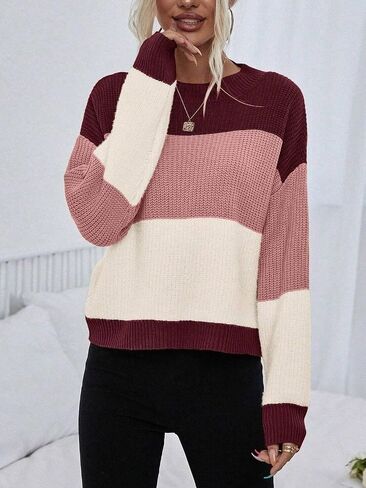 Womens Pullover Long Sleeve Crew Neck Colorblock Drop Shoulder Fall Sweater Tops Knit Winter Outfit in Saudi Arabia
