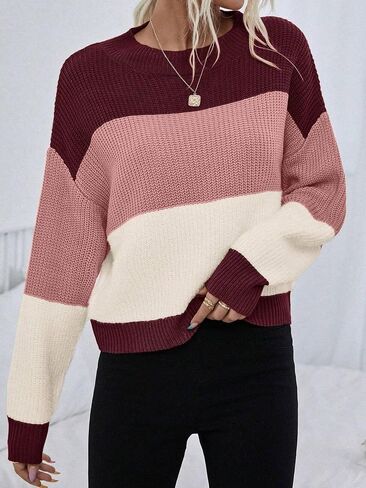 Womens Pullover Long Sleeve Crew Neck Colorblock Drop Shoulder Fall Sweater Tops Knit Winter Outfit in Saudi Arabia