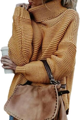 Women High Neck Knit Sweater Long Sleeve Boho Style Pullover Casual Autumn Winter Top in Saudi Arabia