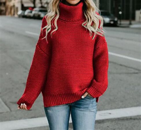 Women High Neck Knit Sweater Long Sleeve Boho Style Pullover Casual Autumn Winter Top in Saudi Arabia