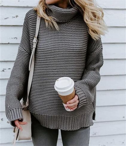 Women High Neck Knit Sweater Long Sleeve Boho Style Pullover Casual Autumn Winter Top in Saudi Arabia