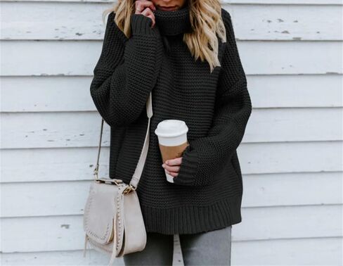 Women High Neck Knit Sweater Long Sleeve Boho Style Pullover Casual Autumn Winter Top in Saudi Arabia