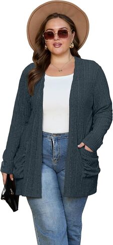OLRIK Plus Size Cardigan for Women Lightweight Soft Knit Stretchy Open Front Long Sleeve Sweater with Pocket Fall Outfits in Kuwait