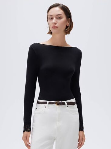 قميص نسائي أساسي من SUUKSESS Cloud Cashmere للنساء برقبة على شكل V وأكمام طويلة من الدانتيل in Saudi Arabia