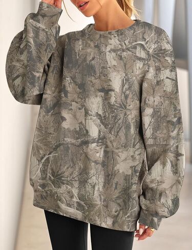 Women Camo Oversized Sweatshirt Crewneck Long Sleeve Graphic Maple Leaf Print Hoodie Camouflage Fall Pullover Top in Kuwait