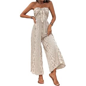 WDIRARA Women's Boho Print Strapless Jumpsuit Knot Front Wide Leg Pants Romper in Kuwait