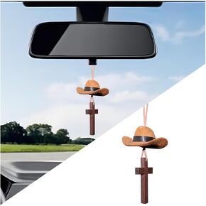 Cowboy Hat Car Hanging Charm with Cross, Felt Miniature Western Country Vehicle Rear View Mirror Pendant, Cute Mirror Decor Ornament, Universal Automotive Interior Accessories (Black) in Saudi Arabia