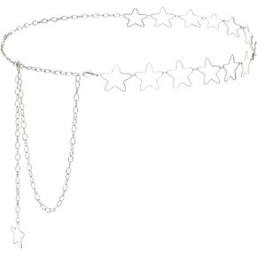 حزام سلسلة على شكل نجمة، سلسلة خصر على شكل نجمة فضية قابلة للتعديل مقاس 99 سم، زخرفة حزام Y2K عصري لفساتين التنانير والجينز، هدية للنساء والفتيات in Kuwait