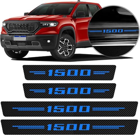 4 قطع لحماية عتبة باب السيارة RAM 1500، ملصق عتبة باب من الجلد من ألياف الكربون لدودج رام، لوحة جرجر باب السيارة، عتبة باب حماية عتبة الباب من الخدوش (أزرق) in Kuwait