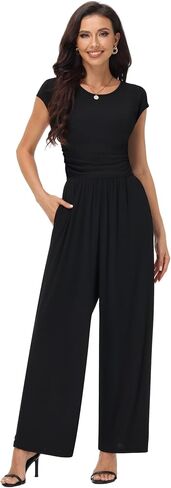 Womens Summer Jumpsuits Dressy Casual Crew Neck Cap Sleeve Wide Leg Pants Rompers Elegant One Piece Outfits in Saudi Arabia