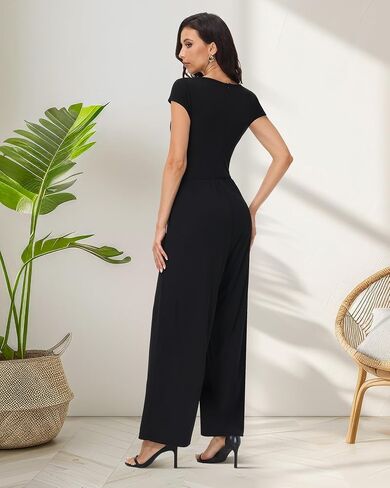 Womens Summer Jumpsuits Dressy Casual Crew Neck Cap Sleeve Wide Leg Pants Rompers Elegant One Piece Outfits in Saudi Arabia
