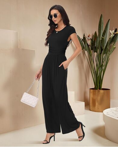 Womens Summer Jumpsuits Dressy Casual Crew Neck Cap Sleeve Wide Leg Pants Rompers Elegant One Piece Outfits in Saudi Arabia