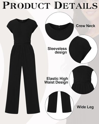Womens Summer Jumpsuits Dressy Casual Crew Neck Cap Sleeve Wide Leg Pants Rompers Elegant One Piece Outfits in Saudi Arabia