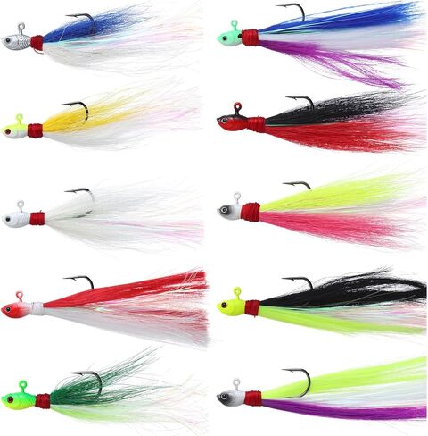 10 Pieces Bucktail Jigs Hair Jig Saltwater and Freshwater Bait Surf Striper Fishing Lure Head Swimbait Jig Hook for Pompano Halibut Mackerel Bass Flounder in Saudi Arabia