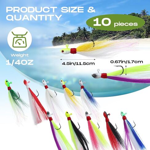 10 Pieces Bucktail Jigs Hair Jig Saltwater and Freshwater Bait Surf Striper Fishing Lure Head Swimbait Jig Hook for Pompano Halibut Mackerel Bass Flounder in Saudi Arabia
