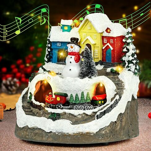 Musical Resin Snowman Christmas Village Figurines with Spinning Train LED Lights, Collectibles Statues Architectural Decor, Battery & USB Xmas Holiday Indoor Decor Ornaments Centerpiece in Saudi Arabia