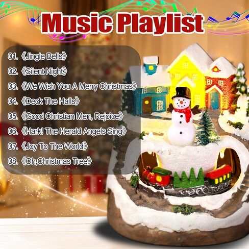 Musical Resin Snowman Christmas Village Figurines with Spinning Train LED Lights, Collectibles Statues Architectural Decor, Battery & USB Xmas Holiday Indoor Decor Ornaments Centerpiece in Saudi Arabia