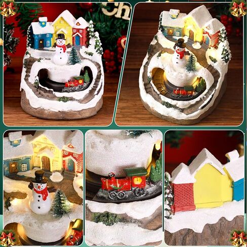 Musical Resin Snowman Christmas Village Figurines with Spinning Train LED Lights, Collectibles Statues Architectural Decor, Battery & USB Xmas Holiday Indoor Decor Ornaments Centerpiece in Saudi Arabia