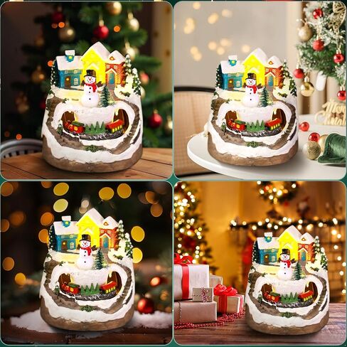 Musical Resin Snowman Christmas Village Figurines with Spinning Train LED Lights, Collectibles Statues Architectural Decor, Battery & USB Xmas Holiday Indoor Decor Ornaments Centerpiece in Saudi Arabia