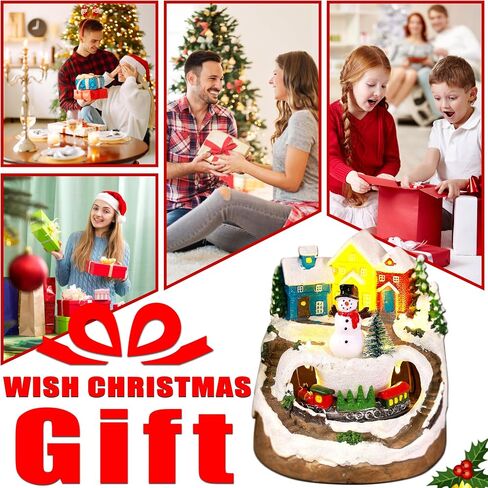 Musical Resin Snowman Christmas Village Figurines with Spinning Train LED Lights, Collectibles Statues Architectural Decor, Battery & USB Xmas Holiday Indoor Decor Ornaments Centerpiece in Saudi Arabia