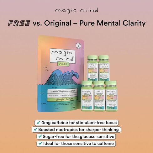 Magic Mind Free Energy and Focus Drink Shots - Calm Energy, Relieving, No Jitters, Ashwagandha, Vitamin B12, Vitamin C, Matcha Green Tea, Functional Mushrooms Caffeine Free - 2 FL Oz (5 Pack) in Saudi Arabia