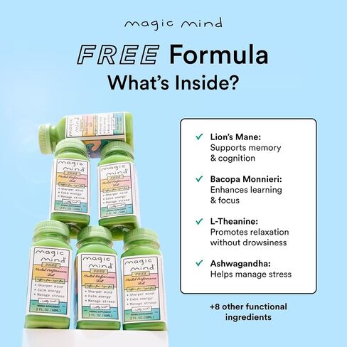 Magic Mind Free Energy and Focus Drink Shots - Calm Energy, Relieving, No Jitters, Ashwagandha, Vitamin B12, Vitamin C, Matcha Green Tea, Functional Mushrooms Caffeine Free - 2 FL Oz (5 Pack) in Saudi Arabia