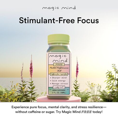 Magic Mind Free Energy and Focus Drink Shots - Calm Energy, Relieving, No Jitters, Ashwagandha, Vitamin B12, Vitamin C, Matcha Green Tea, Functional Mushrooms Caffeine Free - 2 FL Oz (5 Pack) in Saudi Arabia