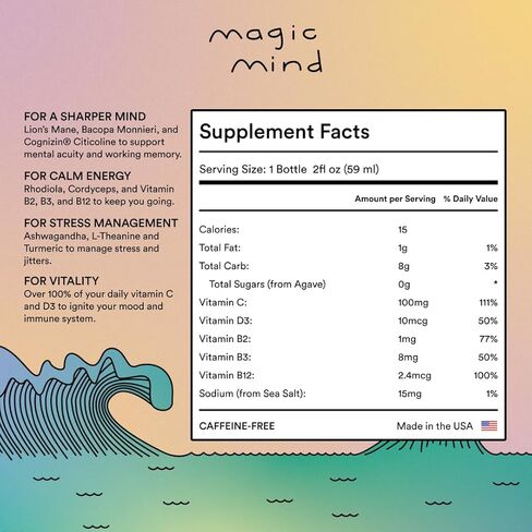Magic Mind Free Energy and Focus Drink Shots - Calm Energy, Relieving, No Jitters, Ashwagandha, Vitamin B12, Vitamin C, Matcha Green Tea, Functional Mushrooms Caffeine Free - 2 FL Oz (5 Pack) in Saudi Arabia