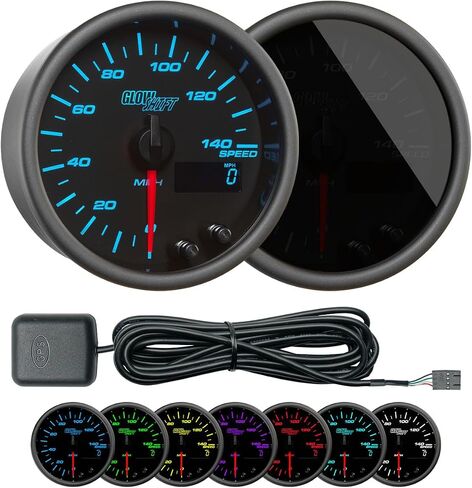 GlowShift ملون 7 ألوان 140 ميل في الساعة GPS مقياس السرعة مع هوائي مستشعر السرعة - يتم تركيبه في لوحة القيادة المخصصة - عداد المسافات - عداد الرحلة القابل لإعادة الضبط - قرص أسود - عدسة مدخنة - 3-3/8 بوصة 85 مم in Saudi Arabia
