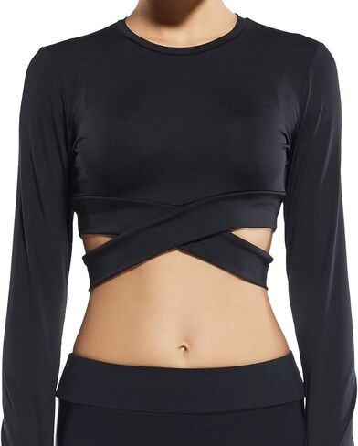 FITTOO Women's Crop Long Sleeves Workout Tops Font Criss-Crosss Sports Shirts Fitness Activewear in Kuwait