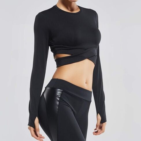 FITTOO Women's Crop Long Sleeves Workout Tops Font Criss-Crosss Sports Shirts Fitness Activewear in Kuwait