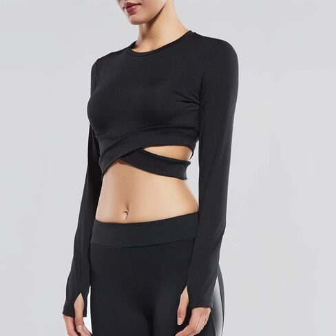 FITTOO Women's Crop Long Sleeves Workout Tops Font Criss-Crosss Sports Shirts Fitness Activewear in Kuwait