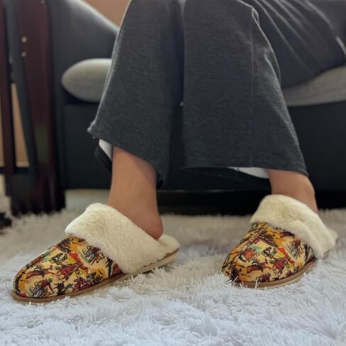 شبشب منزل مريح من Crazy Bison للنساء، شبشب قطيفة بطبعة بقرة، شبشب شتوي مبطن بالفرو على الطراز الغربي، نعل مطاطي متين سهل الارتداء في الأماكن المغلقة والخارجية in Saudi Arabia