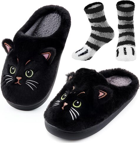 2 Pcs Fuzzy Black Cat Slippers and Paw Sock Gift Set for Women-Cartoon Plush Animals Slippers, Paw Socks, Winter in Saudi Arabia