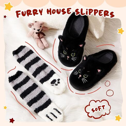 2 Pcs Fuzzy Black Cat Slippers and Paw Sock Gift Set for Women-Cartoon Plush Animals Slippers, Paw Socks, Winter in Saudi Arabia