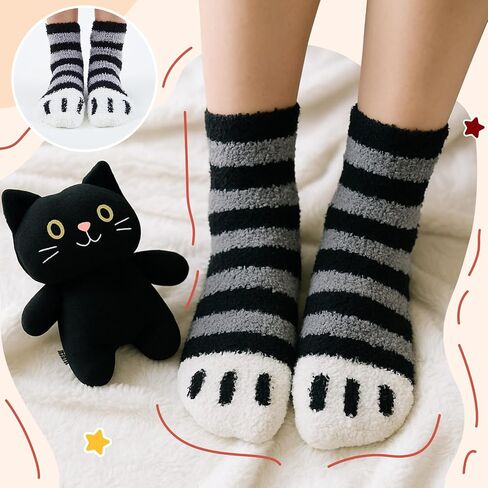 2 Pcs Fuzzy Black Cat Slippers and Paw Sock Gift Set for Women-Cartoon Plush Animals Slippers, Paw Socks, Winter in Saudi Arabia
