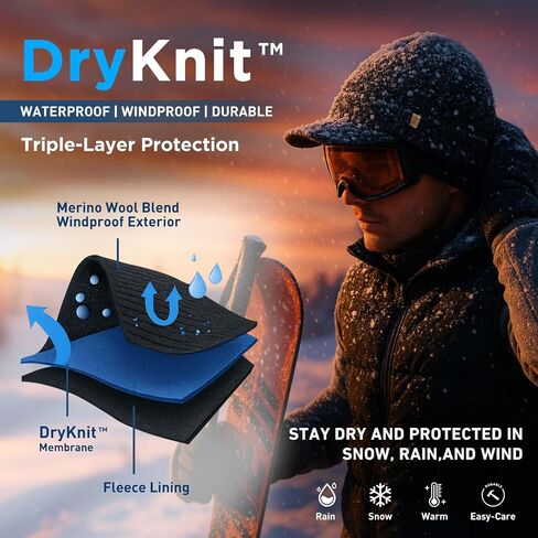 TOP-EX DryKnit™ Waterproof L/XL/XXL Fleece Lined Merino Wool Blend Beanie with Brim Visor Cap Warm Winter Hat for Men Women in Saudi Arabia