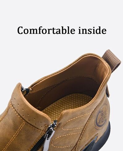 Men's Leather Slip-On Walking Ankle Boots Outdoor Non Slip Double Zipper High Top Driving Work Boots in Saudi Arabia