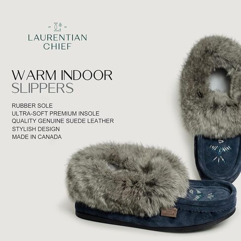 شباشب Laurentian Chief بدون كعب للنساء - شباشب مطرزة من Orlon مع حواف من الفرو ونعل مبطن، شباشب نسائية بجودة كندا، مريحة وأنيقة في الداخل والخارج in Kuwait